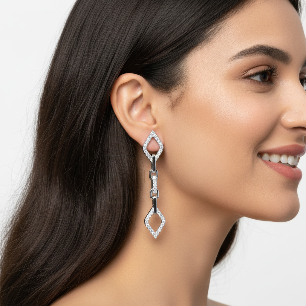 Diamond Chain Link Drop Earrings With Geometric Motif - Five
