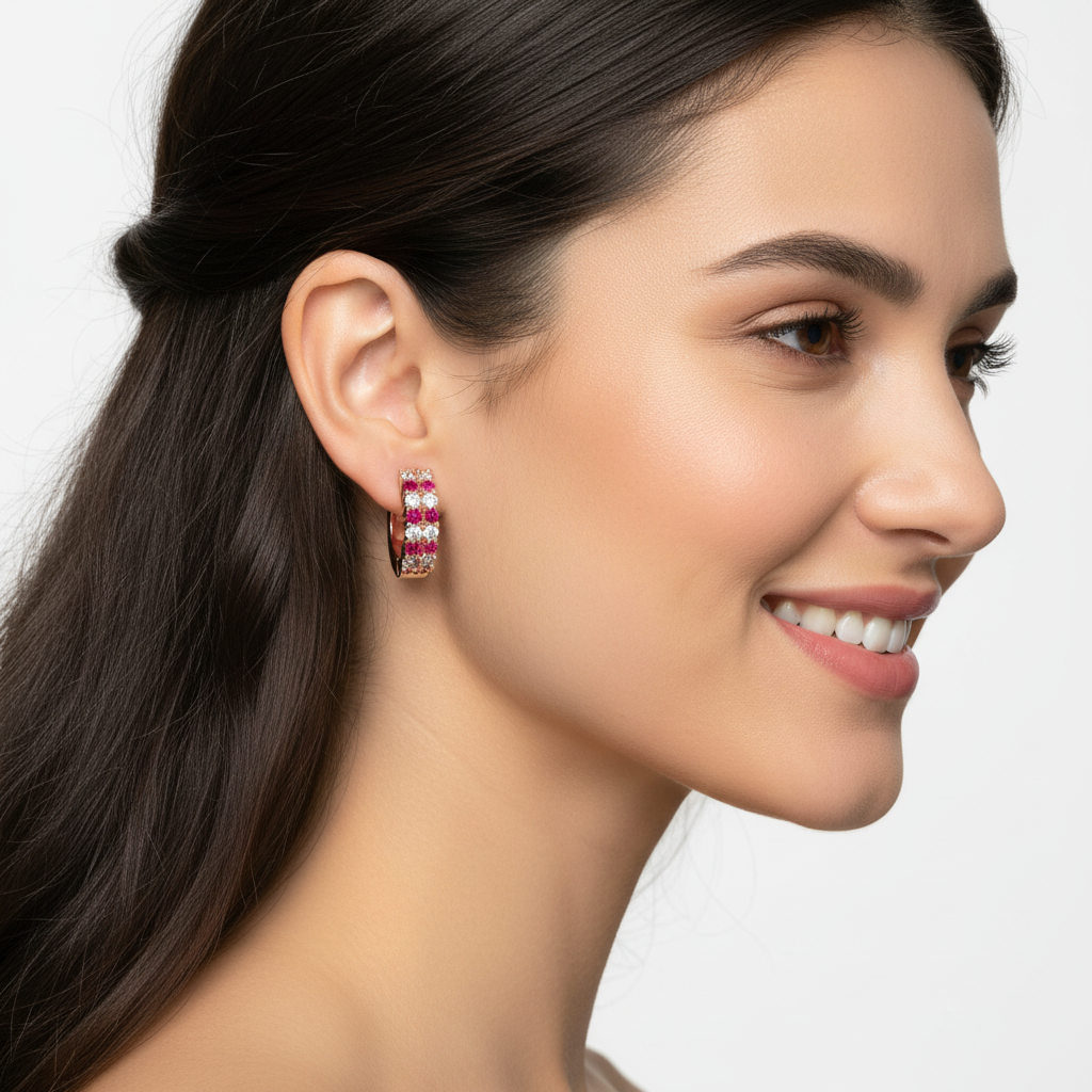 Rose Gold Ruby And Diamond Double Row Hoop Earrings - Eight