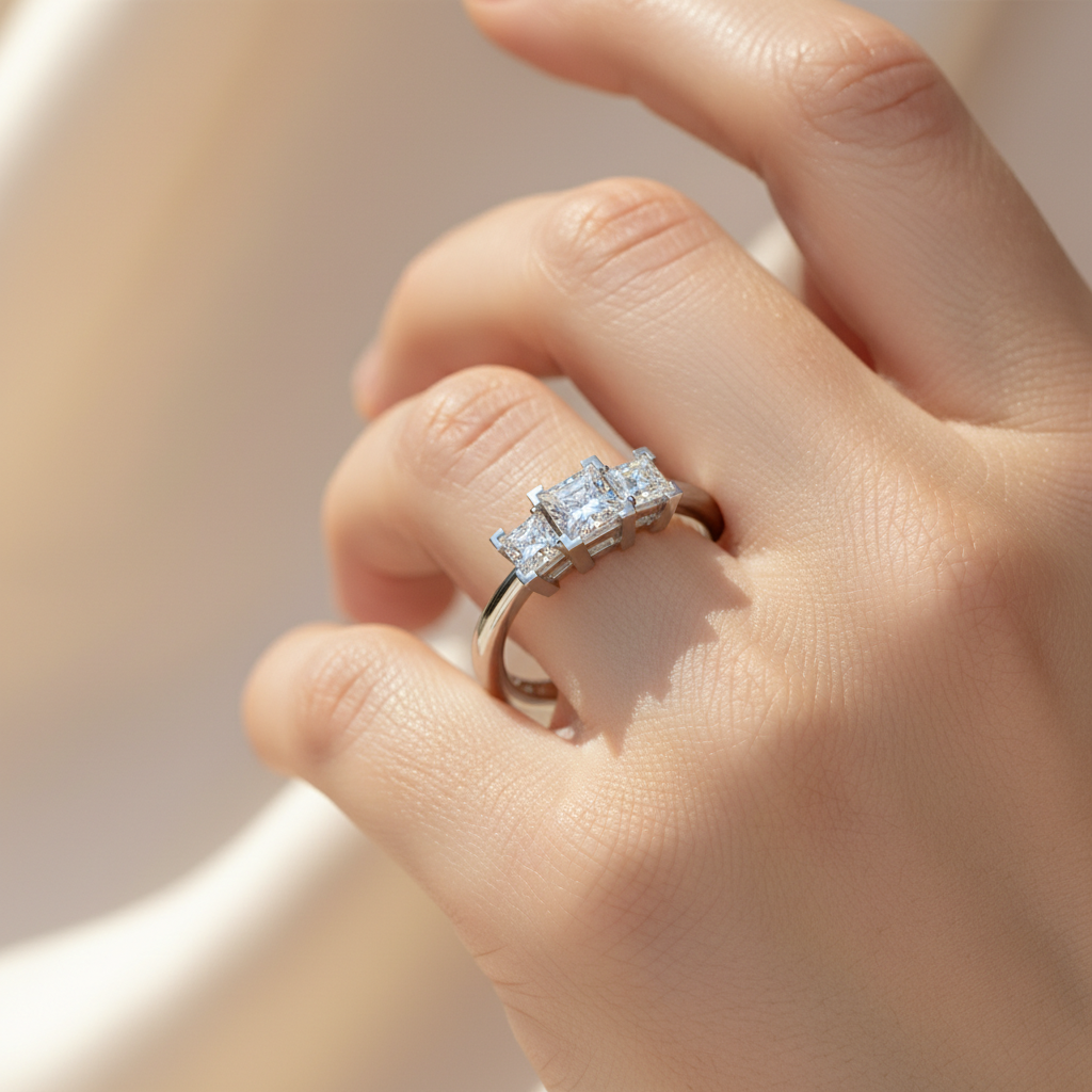 White Gold Three Stone Diamond Engagement Ring with Princess Center Stone