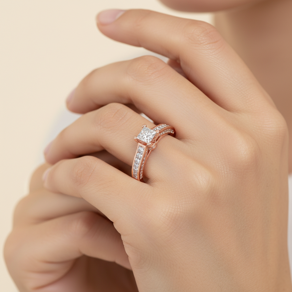 Rose Gold Princess Cut Diamond Engagement Ring With Pav Band - Fourteen
