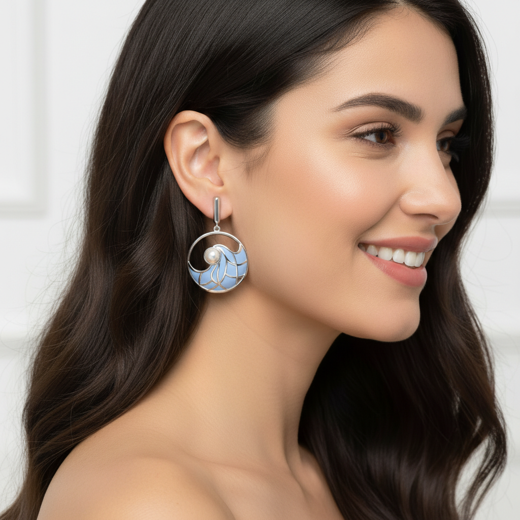 Gold Turquoise Enamel Pearl Drop Earrings 21mm Round Dangle Earrings