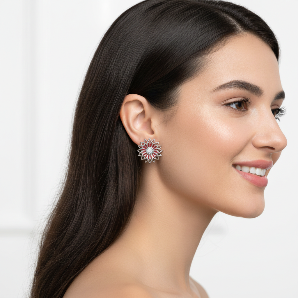 Red Enamel Sunflower Diamond Stud Earrings in White Gold