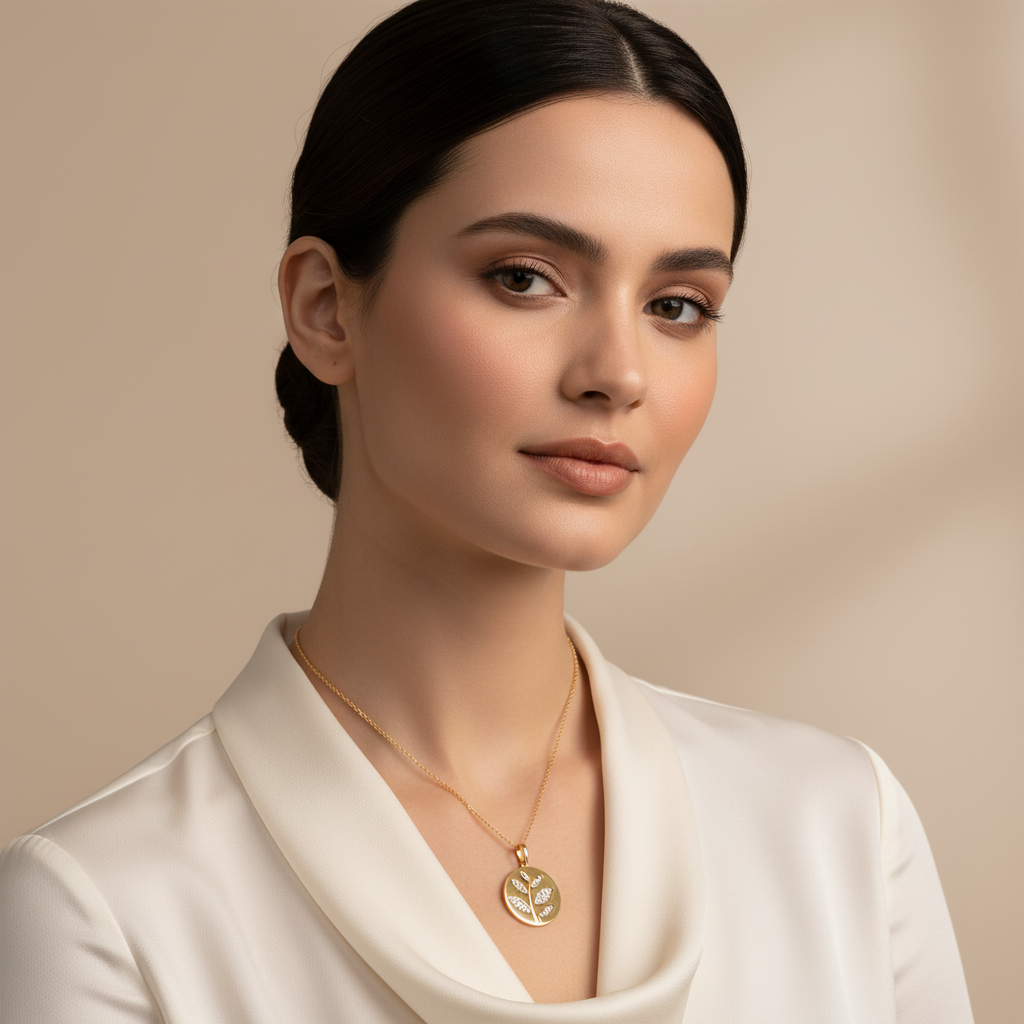 Diamond Leaf Branch Disc Pendant Necklace - Four