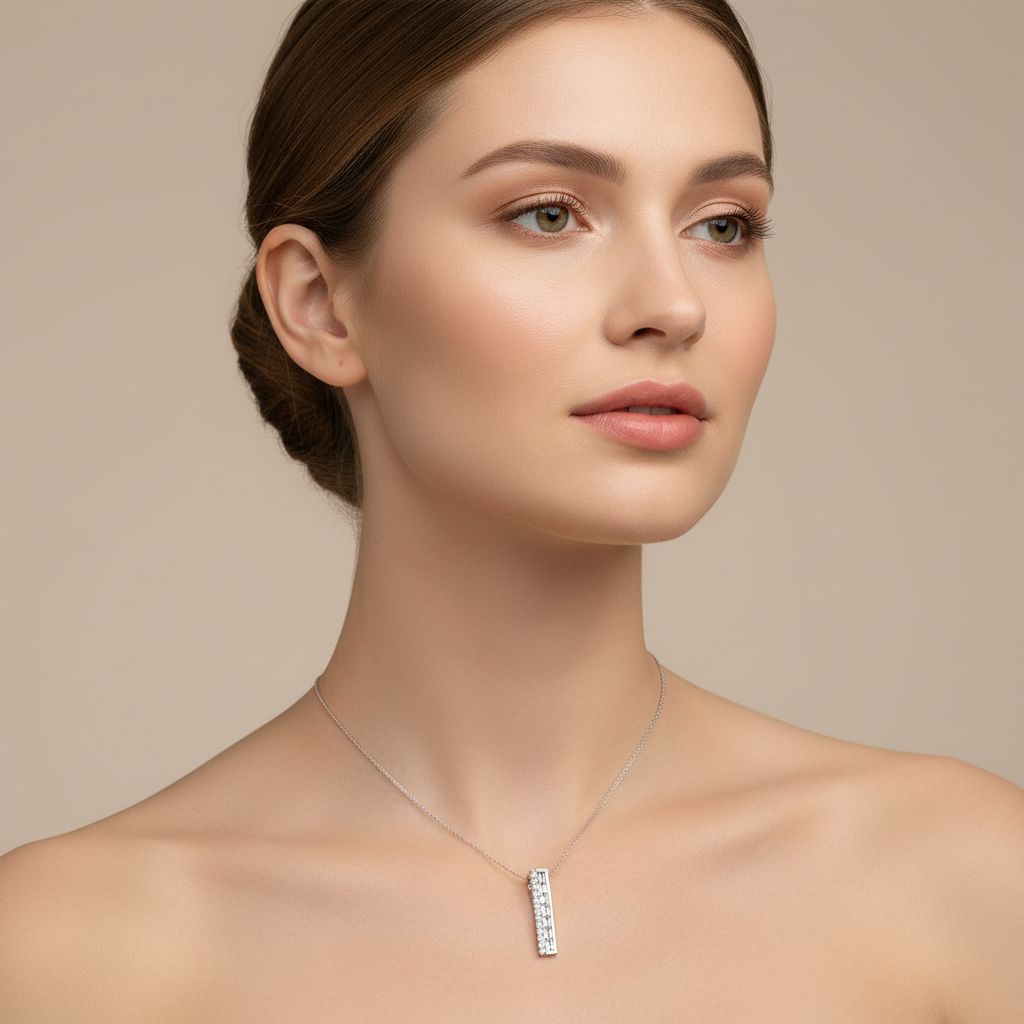 Baguette and Round Diamond Vertical Bar Pendant Necklace in White Gold