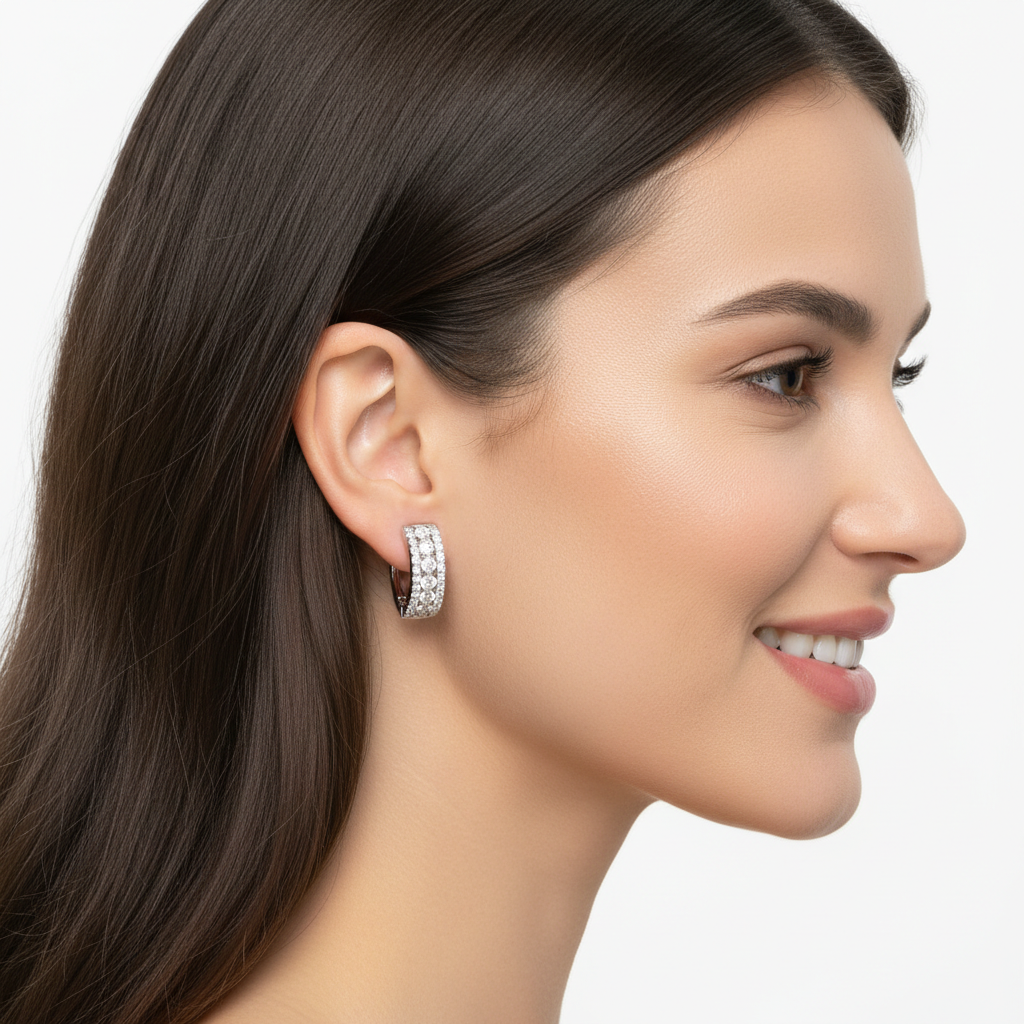 Double Row Diamond Huggie Hoop Earrings in White Gold