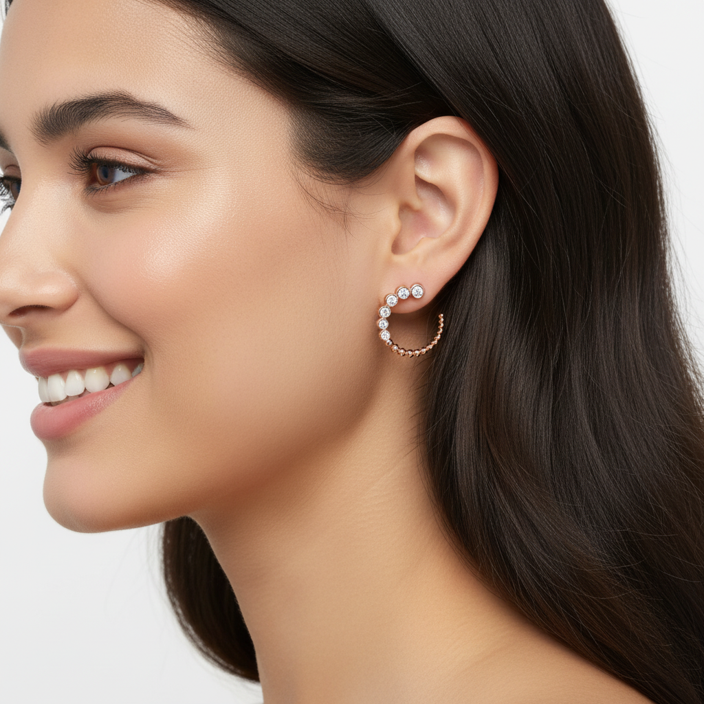 Bezel Set Diamond Circle Hoop Earrings with Beaded Detail