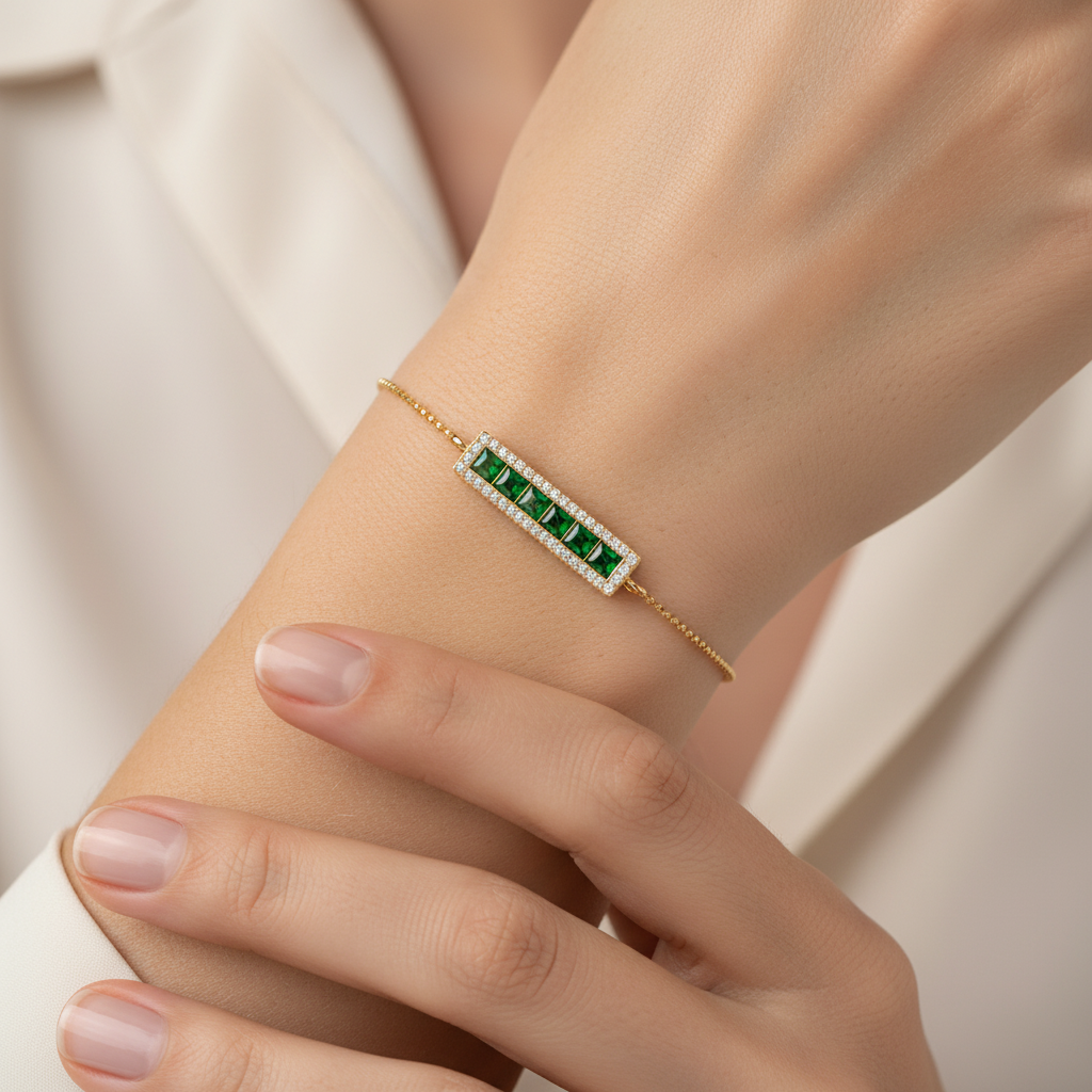 Emerald Bar Bracelet with Diamond Halo Border