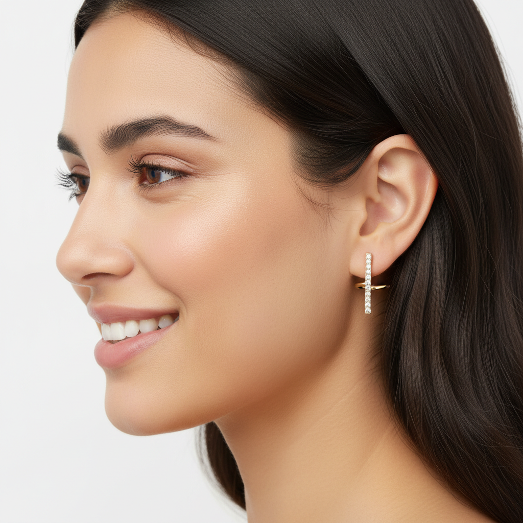 Diamond Bar Huggie Hoop Earrings in 14K Yellow Gold