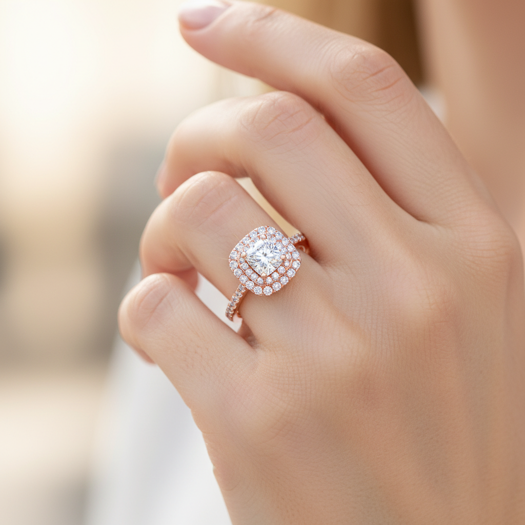 Rose Gold Emerald Cut Diamond Halo Engagement Ring With Pav Band - Fourteen