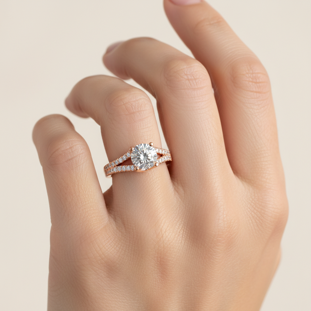 Rose Gold Diamond Solitaire Engagement Ring with Pav Band