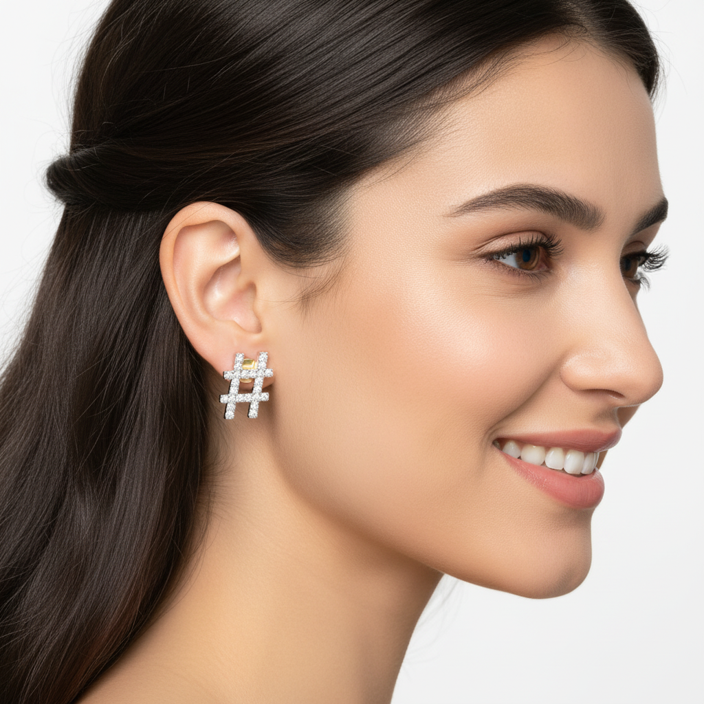 Hashtag Symbol Diamond Stud Earrings With Screw Back - Five