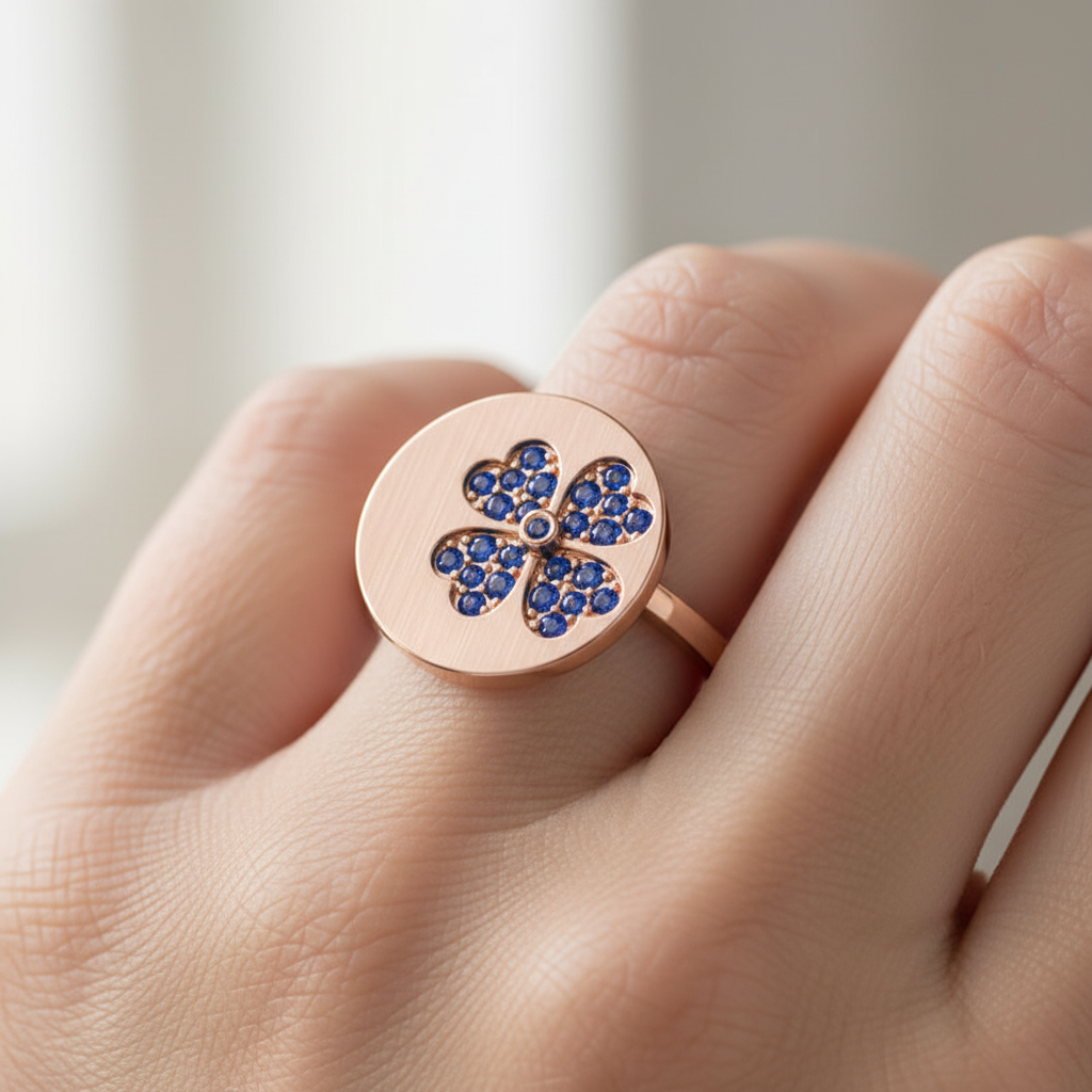 Blue Sapphire Four Leaf Clover Disc Ring - Eight