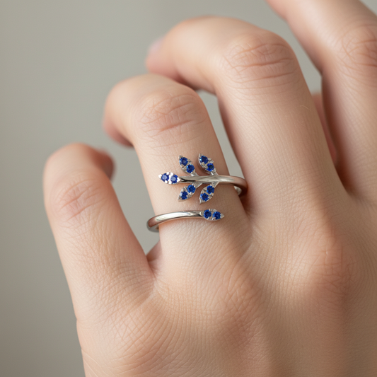 Blue Sapphire Leaf Vine Bypass Ring - Two