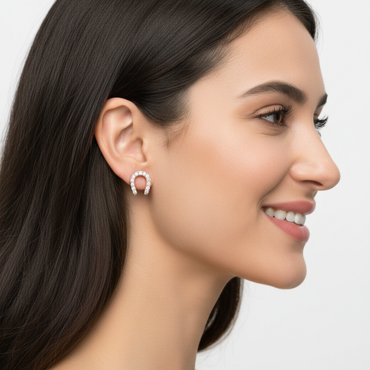 Sterling Silver Horseshoe Stud Earrings with Cubic Zirconia Stones