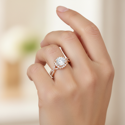 Rose Gold Diamond Halo Engagement Ring with Pav Band