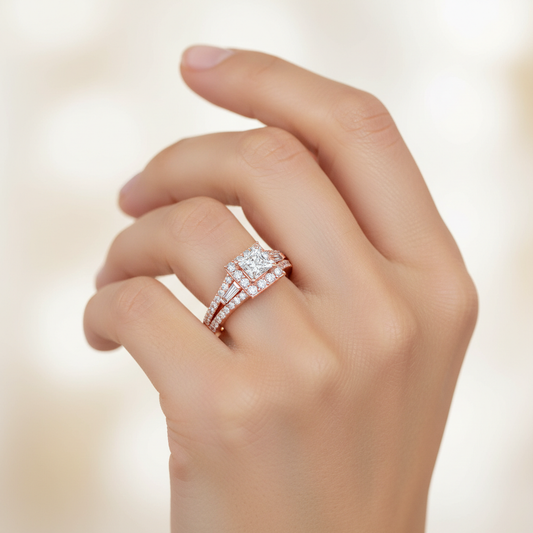 Rose Gold Asscher Cut Diamond Halo Engagement Ring with Hidden Diamond Detail