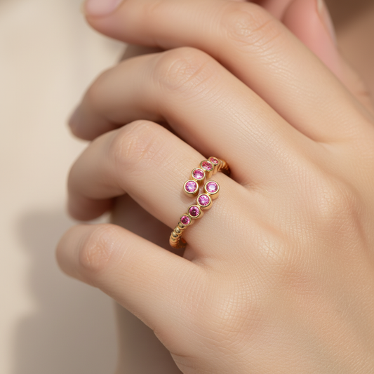 Pink Tourmaline Beaded Bypass Ring With Bezel Set Stones - Two