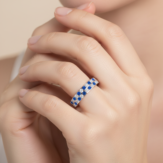 Blue Sapphire and Diamond Double Row Eternity Band Ring