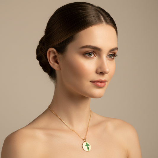 Emerald Cross Disc Pendant Necklace With Chain - Five