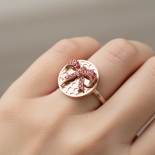 Honeycomb Bee Ring With Pink Gemstones Rose Tone Disc Ring - Two
