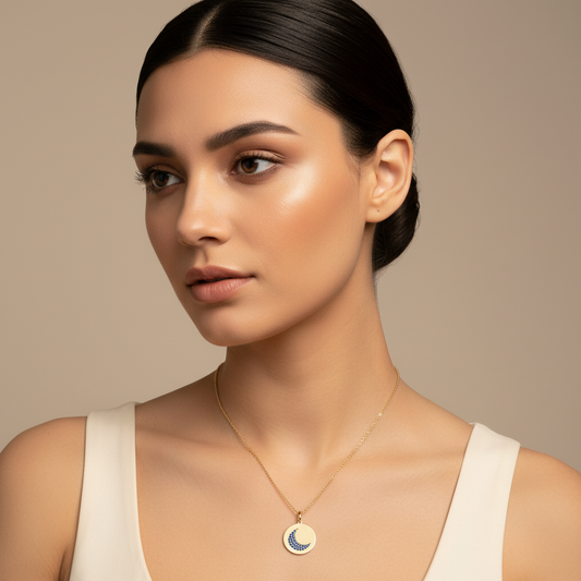 Blue Sapphire Crescent Moon Disc Pendant Necklace - Five