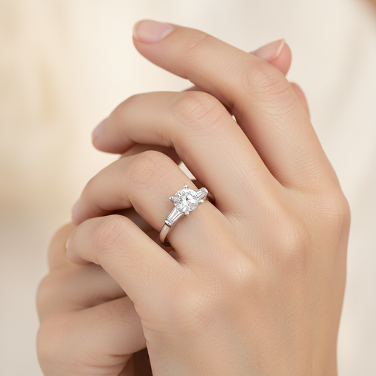 White Gold Gold Three Stone Round Cut Diamond Engagement Ring With Baguette Side Stone