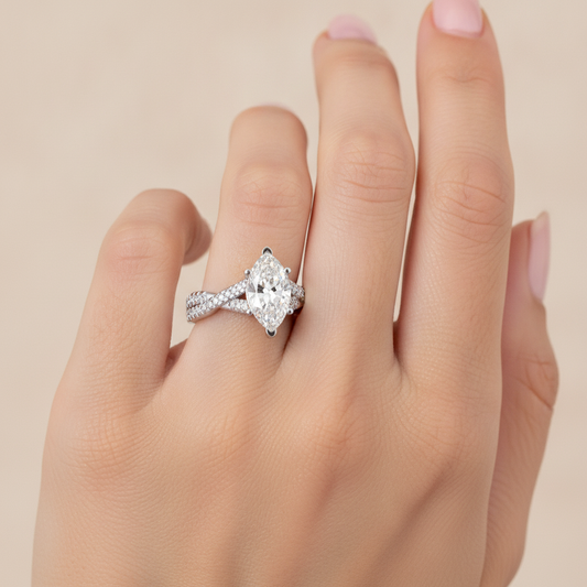 Dainty Marquise Shaped Solitaire Ring In 925 Sterling Silver - Fourteen