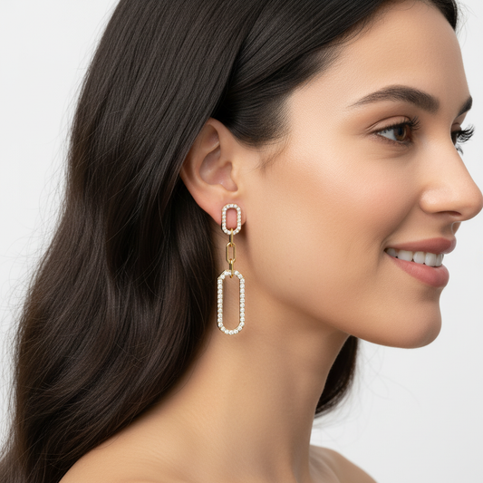 White Diamond Link Drop Earrings Pave Oval Chain Statement Dangle Design - Two