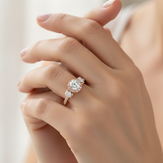 Rose Gold Three Stone Diamond Engagement Ring with Halo and Pav Band