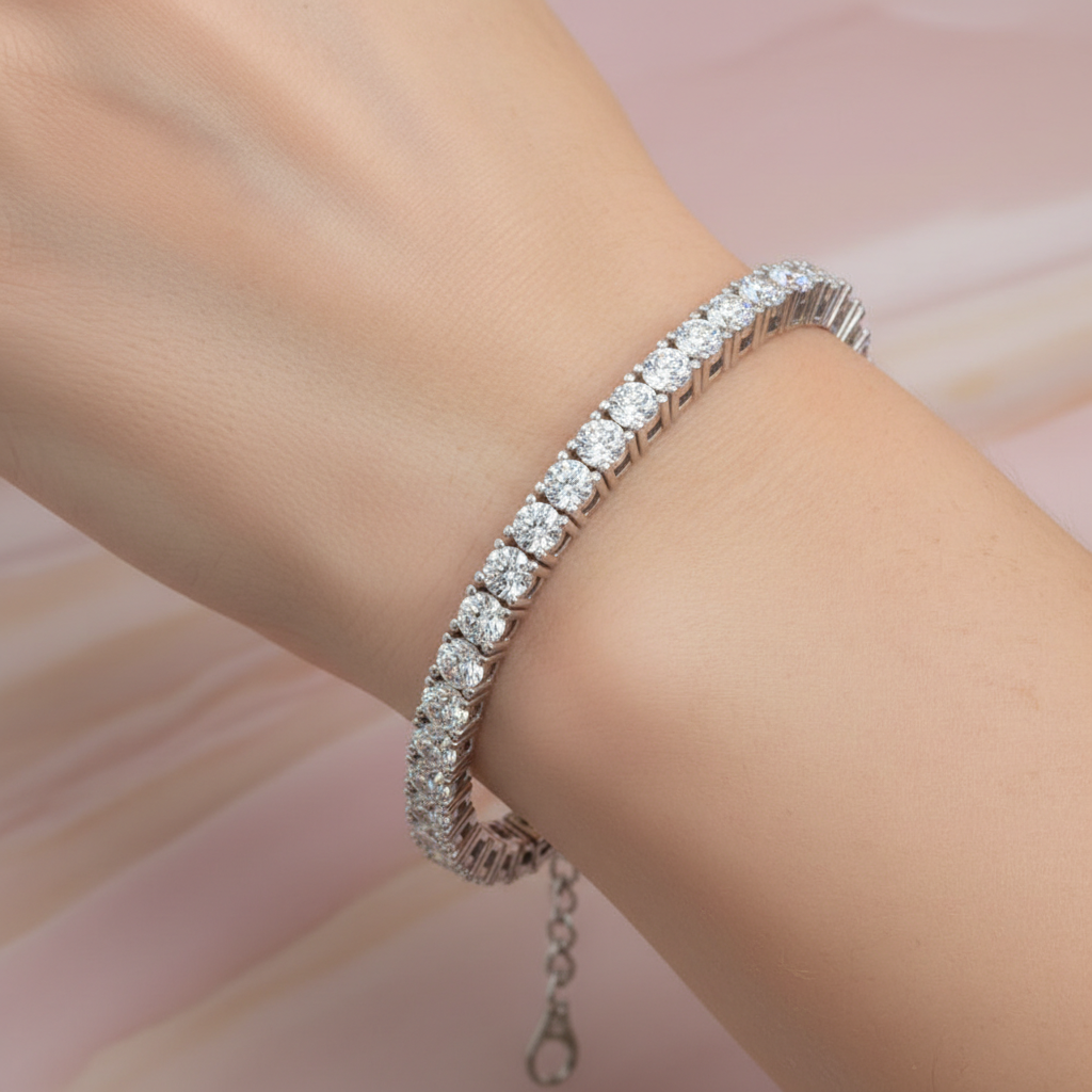 Sterling Silver Round Cut Tennis Bracelet with Adjustable Clasp
