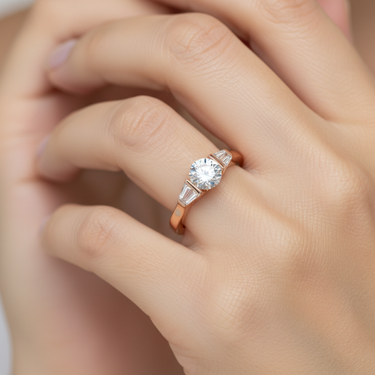 Rose Gold Three Stone Diamond Engagement Ring with Tapered Baguettes