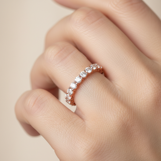 Rose Gold Diamond Eternity Band Ring with Greek Key Design