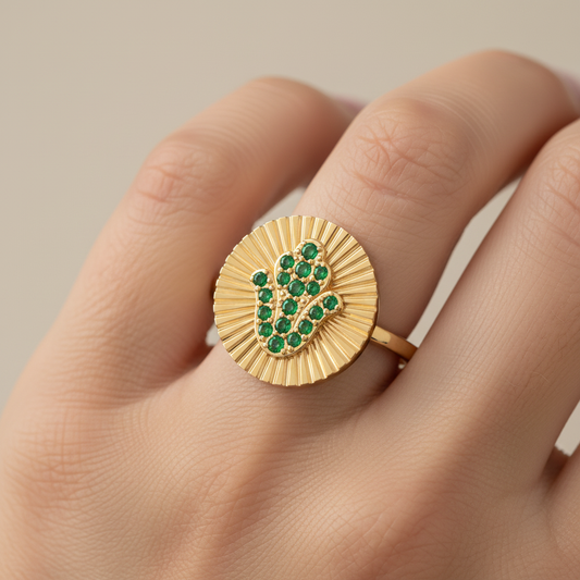 Hamsa Hand Emerald Disc Ring With Sunburst Texture - Two
