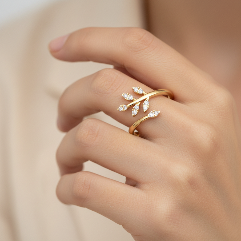 Delicate Leaf Vine Wrap Ring With Sparkling Stones - Eight