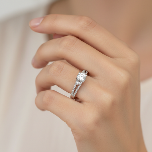 White Gold Round Cut Diamond Engagement Ring with Pav Band