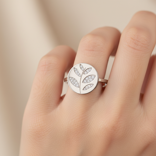 Pav Leaf Disc Ring With Botanical Design - Two