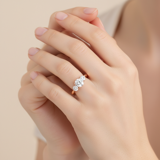 Rose Gold Three Stone Engagement Ring with Pear Side Diamonds