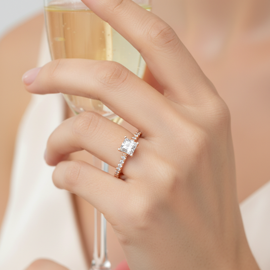 Rose Gold Emerald Cut Diamond Engagement Ring with Hidden Halo and Pav Band