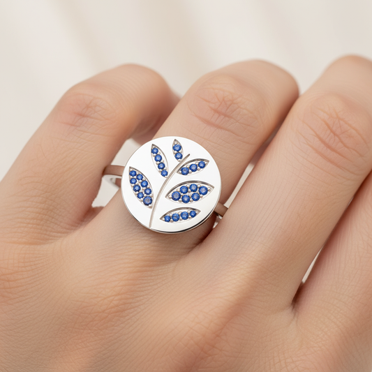 Blue Sapphire Leaf Disc Ring - Two