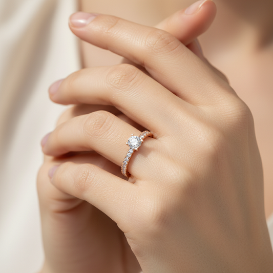 Rose Gold Solitaire Diamond Engagement Ring with Pav Band