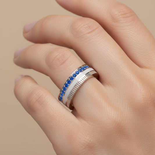White Gold Blue Sapphire Band Ring with White Enamel Center – Modern Customizable Statement Ring | Jebij