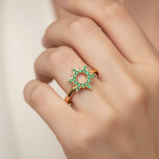 Emerald Star Halo Ring With Open Center Design - Two