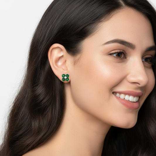 925 Sterling Silver Green Emerald Clover Stud Earrings With Diamond Center – Floral Cluster Elegant Jewelry - Two