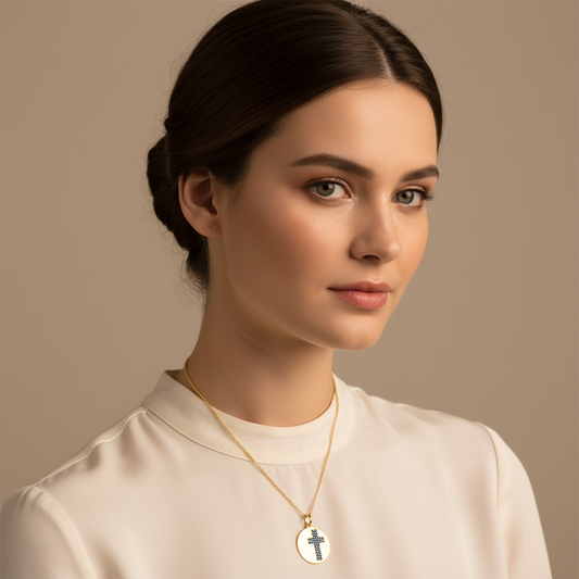 Blue Crystal Cross Disc Pendant Necklace - Five