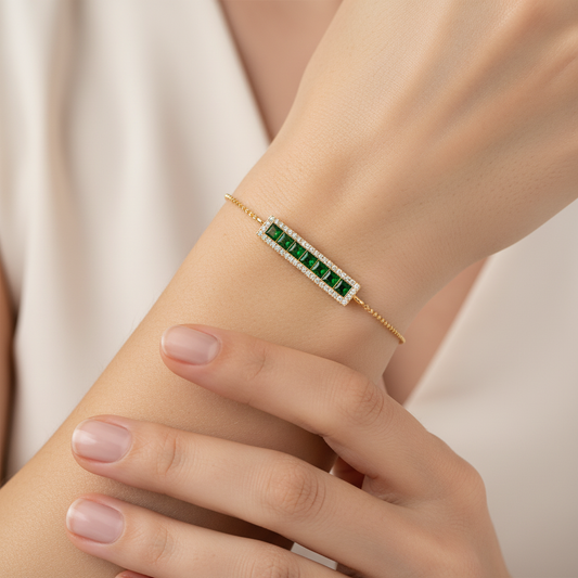 Emerald Bar Bracelet with Diamond Halo Border
