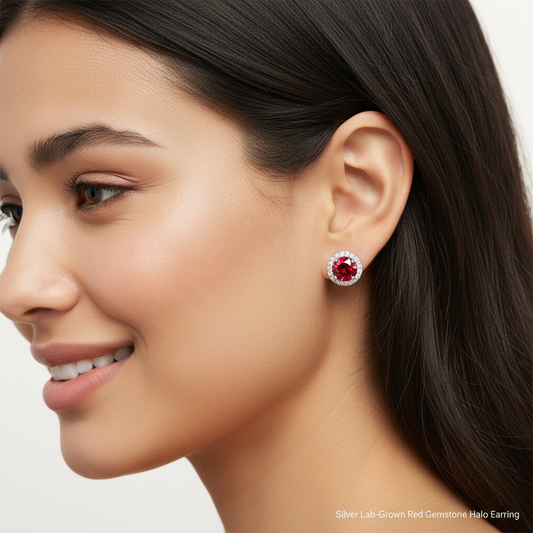 925 Silver Ruby Halo Earrings – Classic Round Cut Red Stud Jewelry - Two