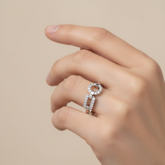 Diamond Circular Link Ring In White Gold | Double Pave Interlocking Chain Design Elegant Luxury Ring For Women | Jebij - Two