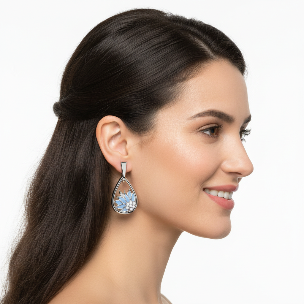 Rose Gold Blue Enamel Lotus Flower Teardrop Earrings