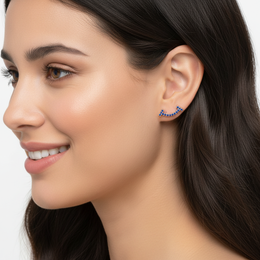 Blue Sapphire Curved Bar Ear Jacket Earrings - Two