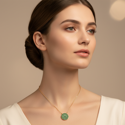 Pav Emerald Disc Pendant Necklace With Ball Chain - Two